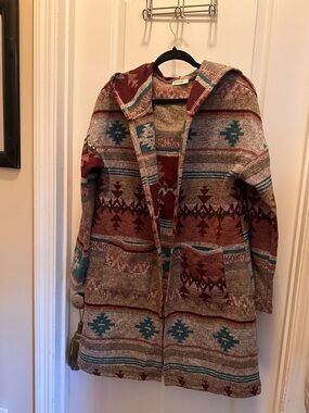 Aztec Hooded Open-Front Coatigan in Teal & Burgundy